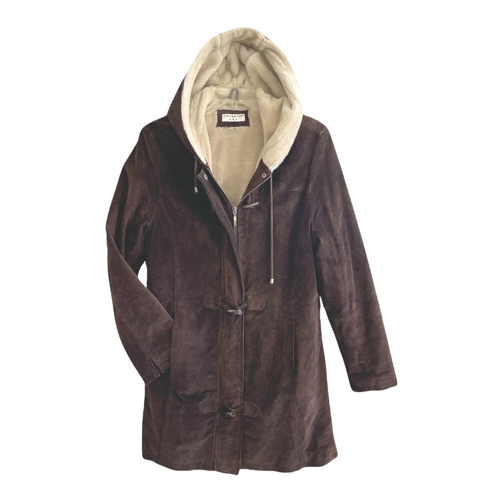 Covington Women's S Brown Faux Suede  Zip Button Hooded Coat Sherpa Lined